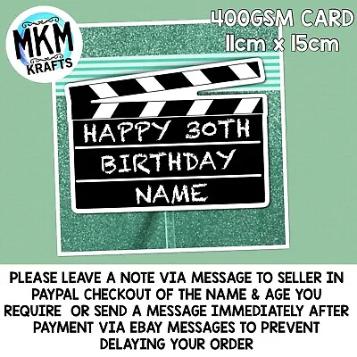 Movie Clapper Board  Birthday Cake Card Topper 30th 40th Any Age Name Occasion • £5.49