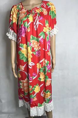 Vintage MuMu House Shift Dress Duster Red Floral Made In USA Eyelet Edge Size XL • $15.74