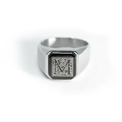 Stainless Steel Floral Monogram Letter M Mens Square Biker Flat Top Signet Ring • $14.50