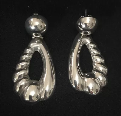 Sterling Silver Pierced Drop Earrings Dangle Puffy Vintage Modern  2  L 925 ND E • $24.95