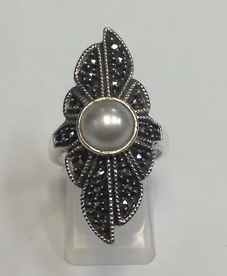 Vintage Sterling Silver Pearl & Marcasite Ring Sz 8 Long Flower • $55