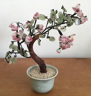 Bonsai Tree Jade Oriental Asian Agate Flower Leaf  Cherry Blossom Celadon Pot • £30