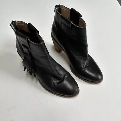 Anthropologie Seychelles Black Booties Leather Tassel Stacked Heel 7 • $20