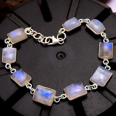 Natural Rainbow Moonstone Gemstone 925 Sterling Silver Handmade Bracelet • $22.99