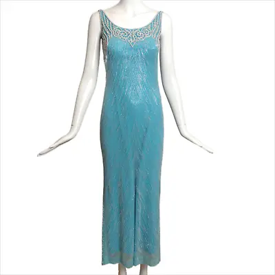 BOB MACKIE-1990s Aqua Beaded Silk Evening Gown Size-4P • $550