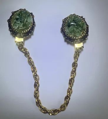 VTG Gold Tone Chain Sweater Clip W/ Green Jade Stone Chips • $25