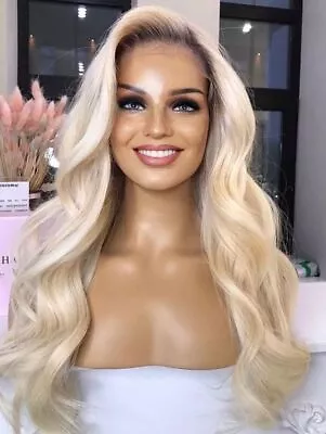 Ombre Platinum Blonde Glueless Body Wave Lace Front Wigs 2 Tone Color Dark Roots • $37.19