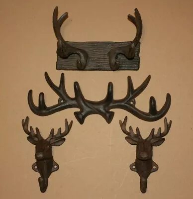 (4) Deer Hunter Mudroom Mancave Decor Rustic Cast Iron Wall Hooks Deer Fever • $48.12