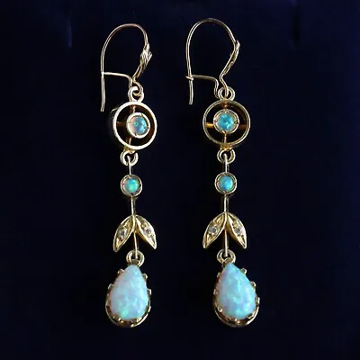 Faux Opal Tear Drop Gilt Over Silver Edwardian Design Drop Earrings Hooks • £85