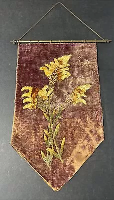 Antique Victorian Velvet Tapestry Wall Hanging On Brass Rod Hand Embroidered • $119.95
