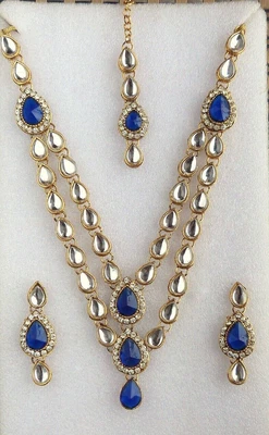 $26.92 • Buy Indian Ethnic 2 Line Gold Navy Blue Kundan Necklace Earrings Wedding Jewelry Set