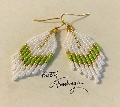 Minimalist Earrings -Lime Green White & Gold Seed Beads 1.5 Inch - Gift Box • $4.95