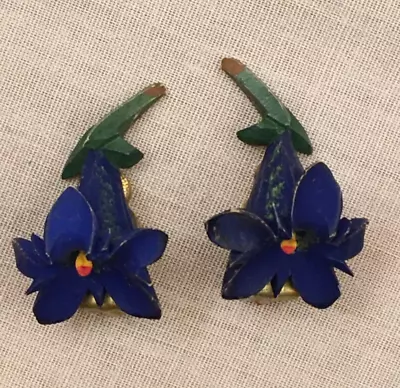 Vintage Chinese Import Flower Clip Earrings- Hand Painted • $24.95