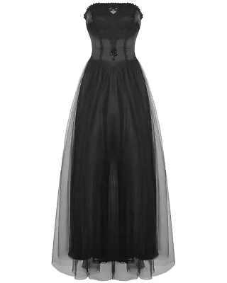 Dark In Love Long Gothic Ballgown Prom Wedding Dress Black Beaded Mesh Lace Maxi • £64.99