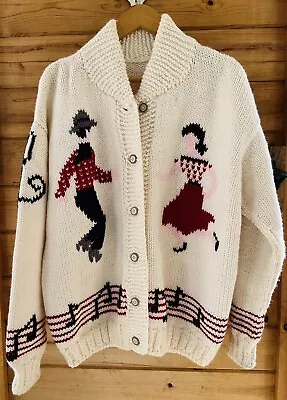 Vintage Square Dance Sweater Hand Knit Cowichan Western Cardigan Rockabilly XL • $175