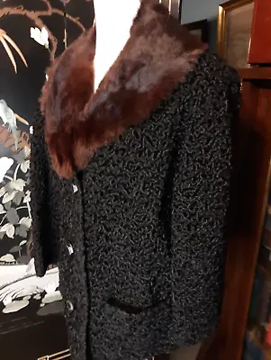 Vintage 60s Black Persian Lamb Jacket Size Med 10 /12 Mink Fur Collar Curly Wool • $80