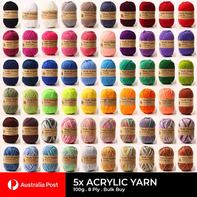 $20.95 • Buy 5x100g Knitting Yarn Malli Acrylic Wool Bulk Crochet 8Ply DK Soft Craft