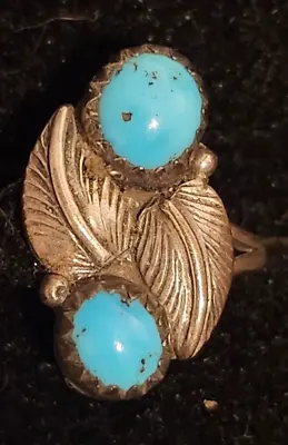 Vintage Navajo Turquoise Sterling Silver With Leaf & Beads Ladies Ring Sz 5or6 • $21.75