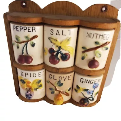 Vintage Wood Spice Rack & 6 Ceramic Shakers W/ Fruit Handles 3D Made In Japan • $24.49