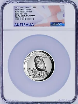 2021 First Incused Proof HIGH RELIEF 5oz Silver Kookaburra $8 Coin NGC PF70 ER • $519.99