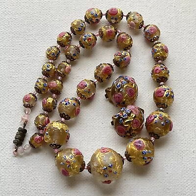 Vintage Gold Foil Venetian Murano Wedding Cake Bead Necklace & Earrings Set • $129.95