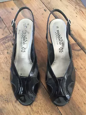 Zodiaco Italian Vintage 80s Black Patent Leather Slingback Shoes Size 39 6 • £9.99
