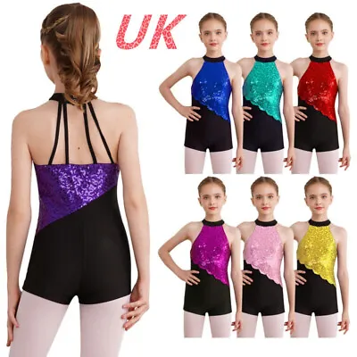 Kids Girls Sequins Jumpsuit Gymnastics Ballet Dance Leotard Latin Jazz Dancewear • £12.32