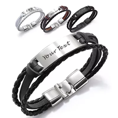 Personalised Mens Leather Bracelet Engraved ID For Him Birthday Fathers Day Gift • £7.99