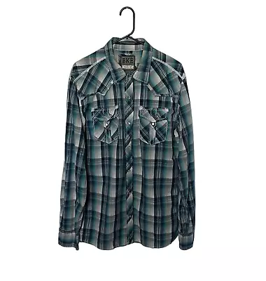 BKE Shirt Mens Large Blue Gray Plaid Pearl Snap Athletic Fit Buckle Western • $15