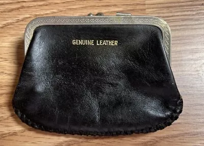 Black Leather Coin Purse Wallet Kiss Lock Genuine Double Frame Vintage Mini • $11.95