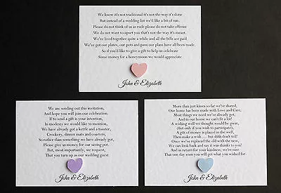 10 X  Personalised Wedding Honeymoon Gift Money Cash Request Poems Cards • £3.30