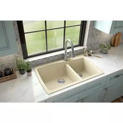 Karran Drop-In Kitchen Sink 34  Double Bowl Heat Resistant Matte Quartz Bisque • $315.56