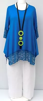 PLUS SIZE LA BASS COBALT BLUE JERSEY+LACE A-LINE TUNIC/TOP UK Size 16-18 • $48.49