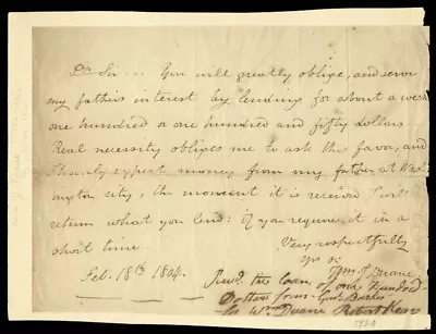 William J. Duane - Autograph Letter Signed 02/18/1804 Co-signed By: Robert Kean • $420