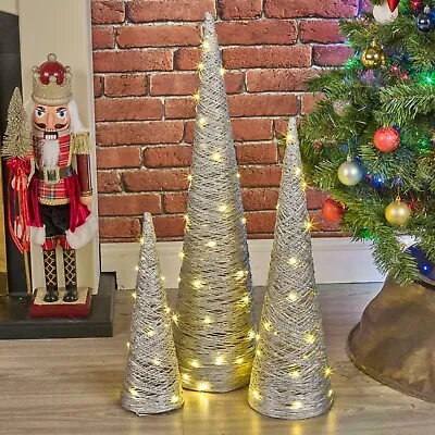 LED Light Up Christmas Pyramids Glitter Tree Fairy Lights Ornament Silver 60 Cm • £9.99
