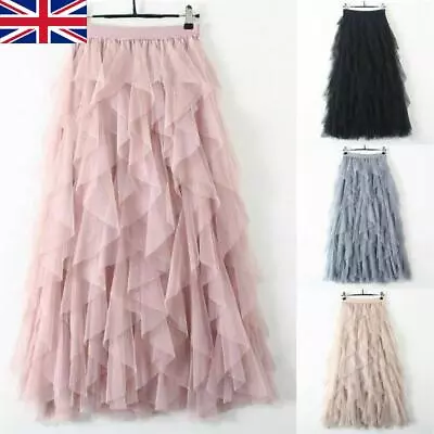 Women High Waist Mesh TUTU Maxi SKIRTS Sheer Net Tulle Pleated A Line Long Dress • £11.56