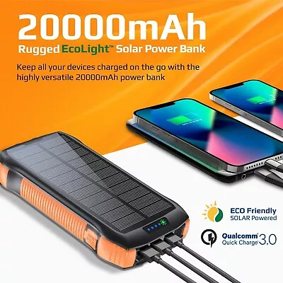 20000mAh Solar Powered Power Bank 4 Port For Samsung S23 S22 S21 GoPro Tablet • $89.95