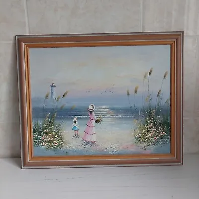 Oil On Board Original Edwardian Lady And Girl On Beach Scene Seascape Lighthouse • £50