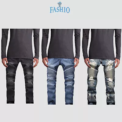 Mens Skinny Stretch Biker Destroyed Slim Fit Straight  Zipper Jeans • $20.89