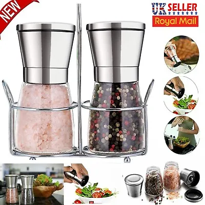 Large Salt And Pepper Grinder Set Stainless Steel Glass Shaker Adjustable Hand • £8.85