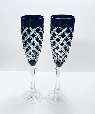 Pair Ajka Faberge Athenee Black Onyx Cut To Clear Crystal Champagne Flutes • $140