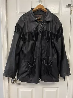 Vintage Genuine Leather Jacket Fringe Mens Black Heavy Biker Coat Jacket L • $66.75