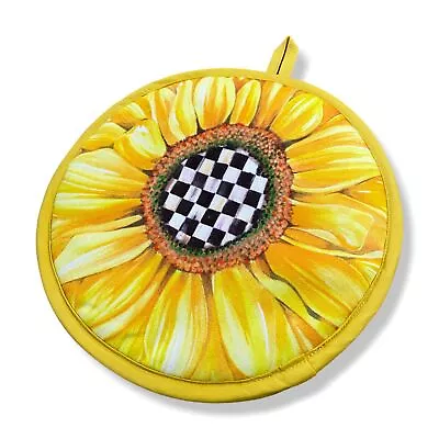 $38 Mackenzie-Childs Yellow Checkerboard Gingham Sunflower Round Pot Holder • $12.38