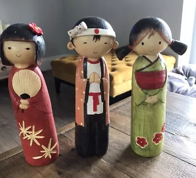 Japanese Wooden Figures  Doll 22 Cm Tall Traditional X 3 • £25.99