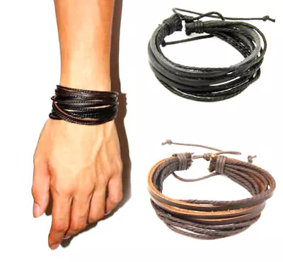 Men’s Women Boys Leather Multi Layer Rope Surfer Wristband Bracelet Bangle Wrap  • £3.79