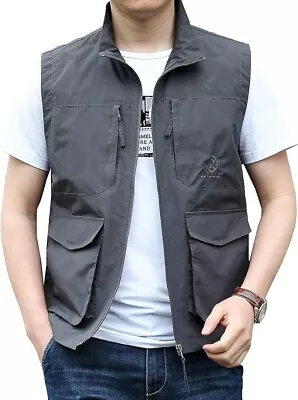 Mens Gilet Waistcoat Safari Multi Pocket Fishing Hunting Hiking Vest Waistcoat • £24.50