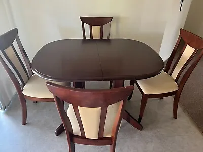 $375 • Buy Mahogany Stained Extendable Dining Table + 4 Cream Fabric Chairs - Ipswich Qld