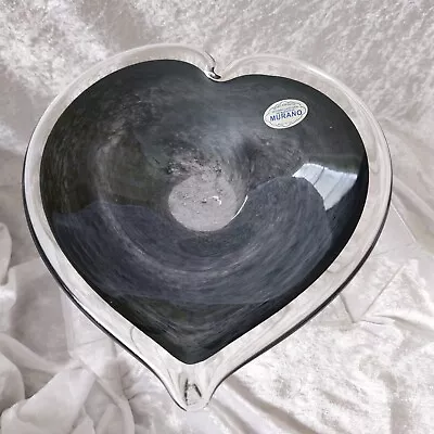 Murano Grey Swirl Smoke Art Glass Heart Dish Bowl  Vintage With Sticker • £19.99