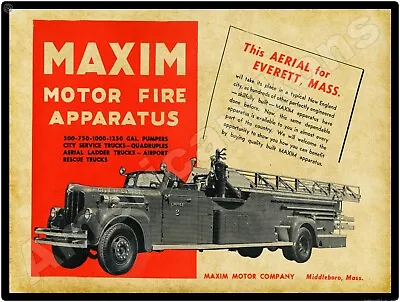 1949 Maxim Motor Co. New Metal Sign: Everett Massachusetts Ladder Fire Truck • $19.88