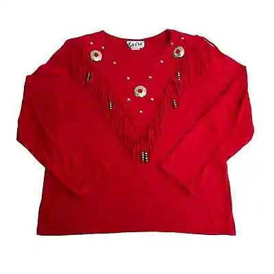 Vintage Sassa Shirt Womens Medium Red Fringe Western Cowgirl Long Sleeve Top • £23.73